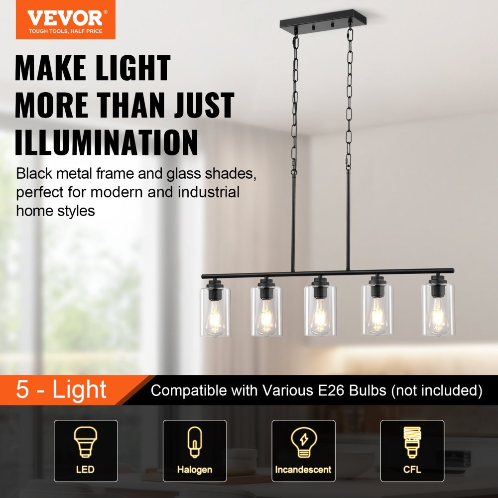 5-Light Kitchen Island Pendant Lights 60W Adjustable Dining Room Light E26