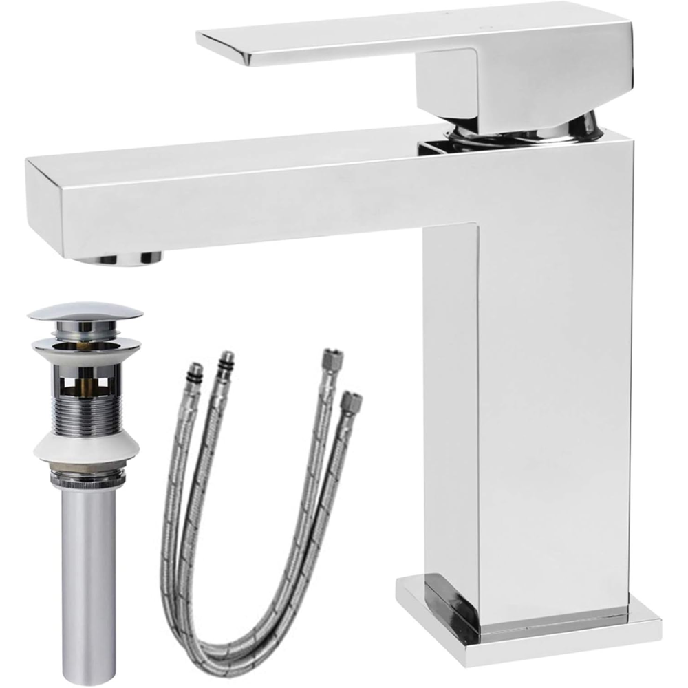 Single Handle Bathroom Faucet, Matte Black Single Hole Bathroom Faucet, Solid Brass Modern Bathroom Sink Faucet Basin Vanity Square Bathroom Faucet with Pop-up Drain & Water Supply Hoses