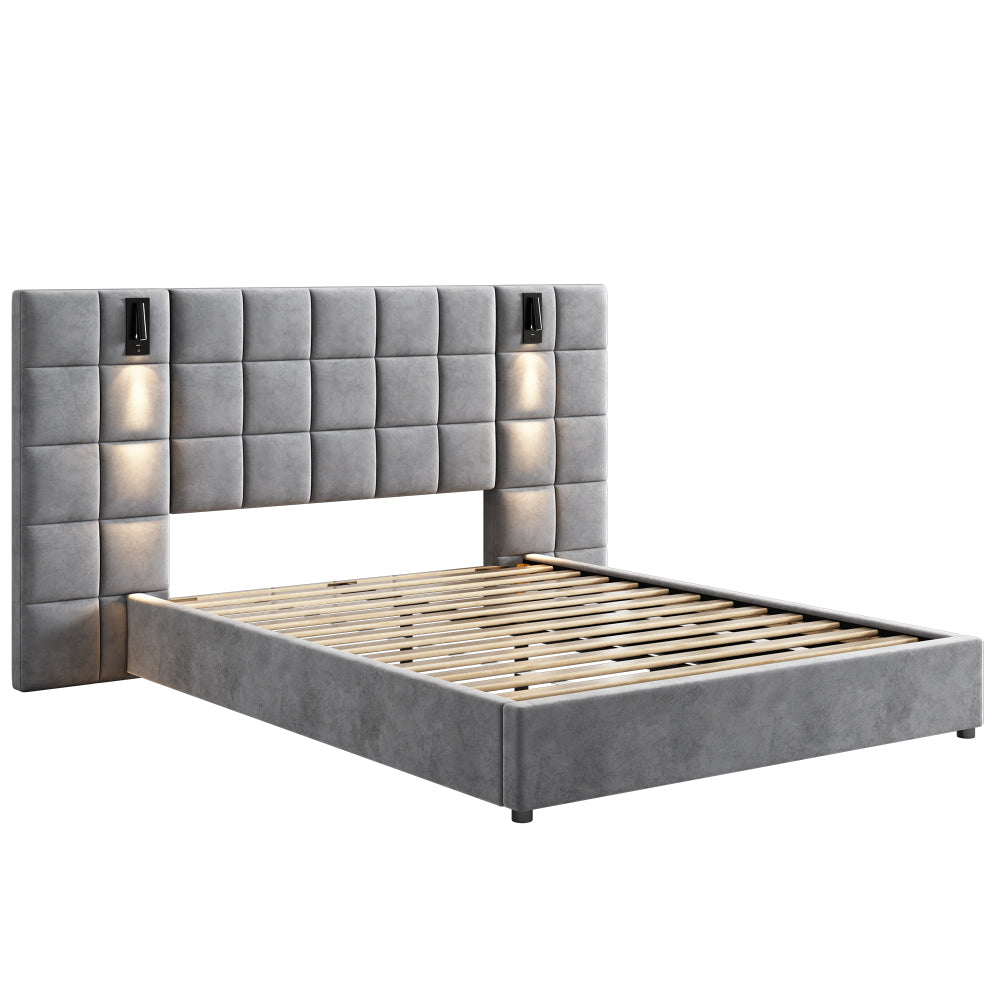 Upholstered Queen bed,with reading lamp and USB port, wide headboard,without bedside tables and mattress, velvet, grey
