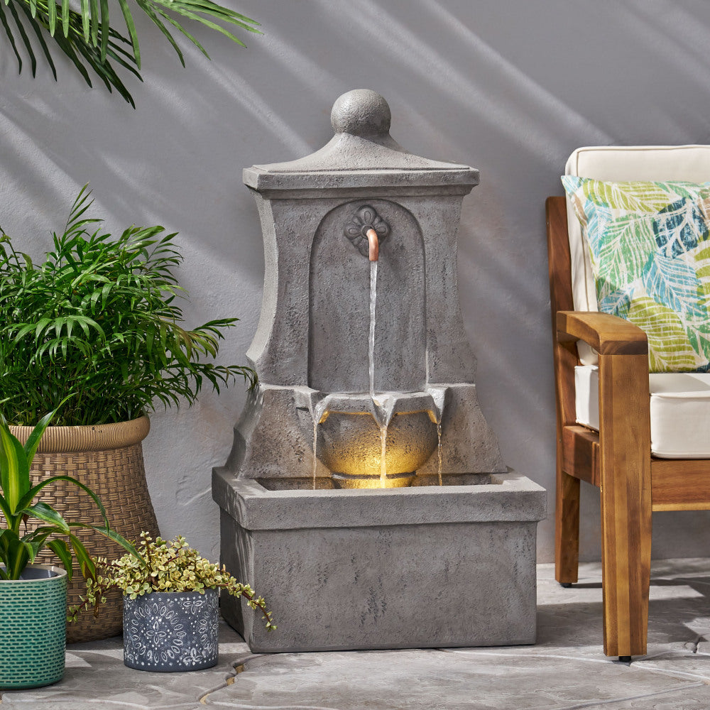 35.25" High Hand Crafted Weather Resistant Floor Fountain with Light, Light Brown