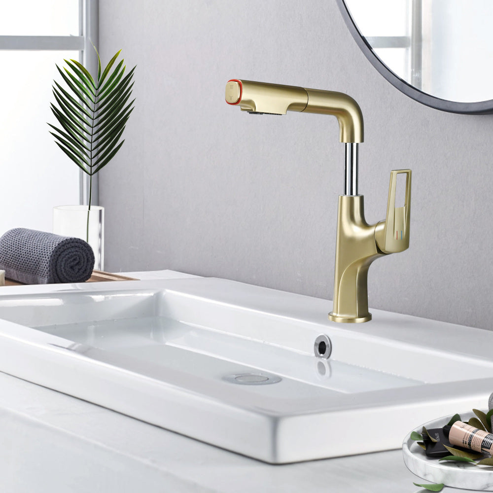 Brushed Gold Pull-Down Vessel Faucet - Single Hole Bathroom Sink Faucet with Lift Spout & Dual Spray Modes
