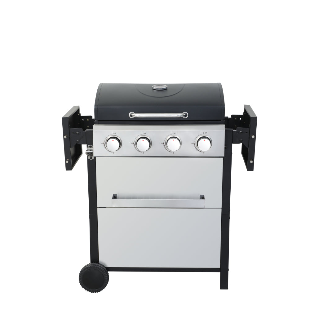 4-Burner Propane Gas BBQ Grill, 34200BTU Output With Wire Enamel Cooking Grids For Outdoor Barbecue, Foldable Side Table, Hanging Basket, Stainless Steel
