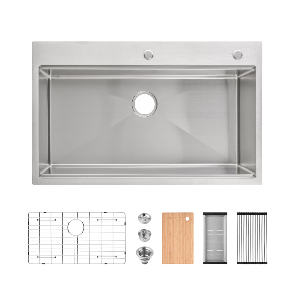 Stainless Steel Kitchen Sink, 32″x19″ Single Bowl, Overmount Handmade Sink in Brushed Nickel, with US Standard Drain and Hook, LS-SSBR02