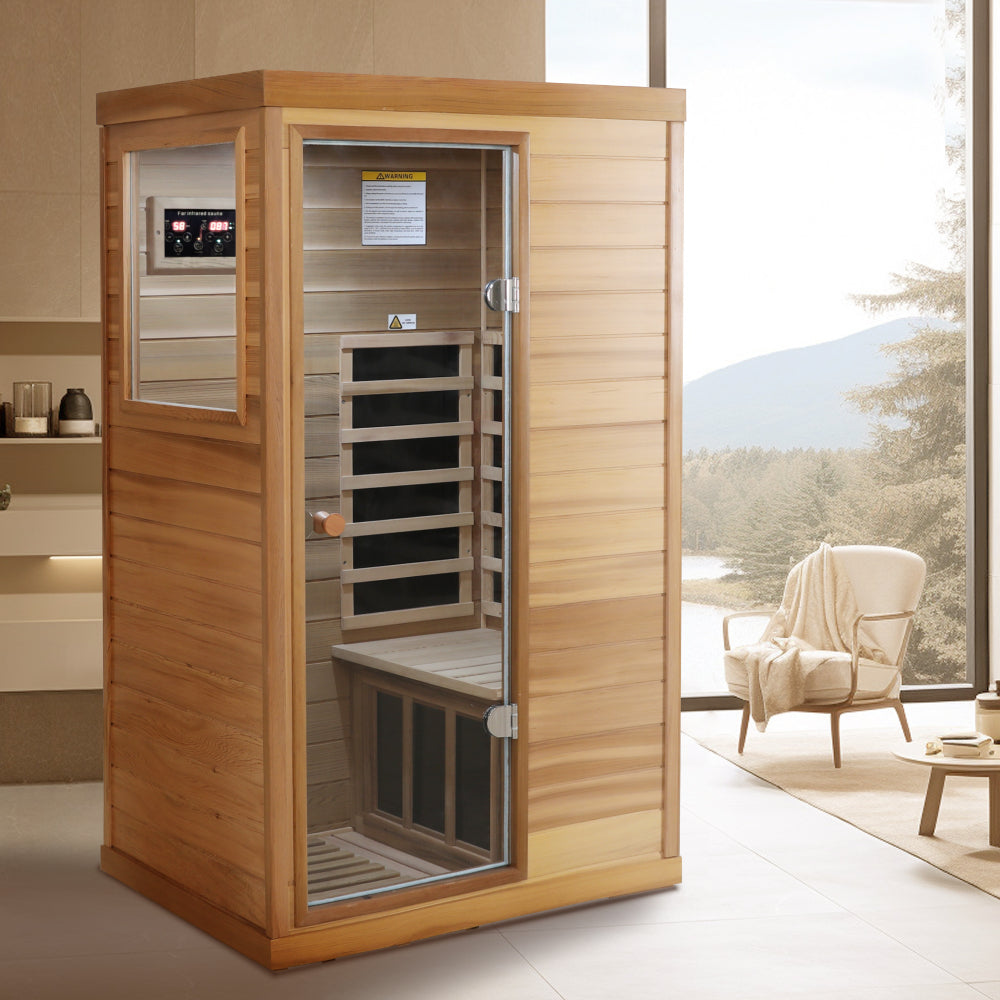 Red cedar Mini one person far infrared glass door on the left of the indoor sauna room