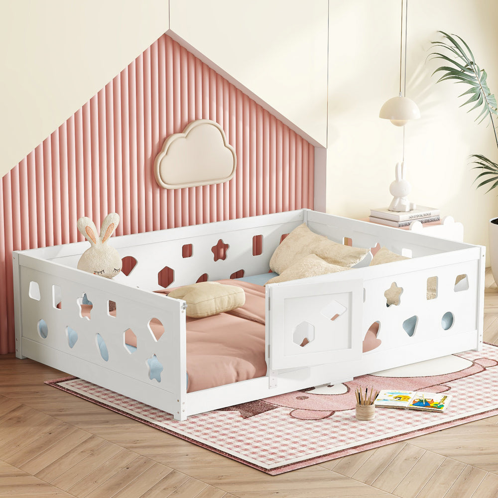 Twin Size Floor Bed with Heightened Safety Guardrails and Door, Solid Wood Bedframe with Rails for Girls, Boys, Teens, Child Bedroom, Kids Playroom, No Slats Included, White