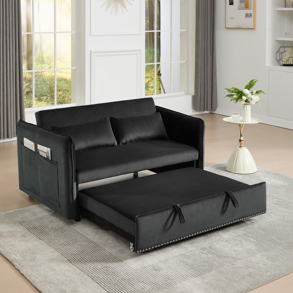 3 in 1 Convertible Sleeper Futon Sofa Bed, 55" Velvet Small Loveseat Lounge Couches with 2 Pillows, Reclining Backrest,Side Pockets for Living Room, Pull-Out Couch