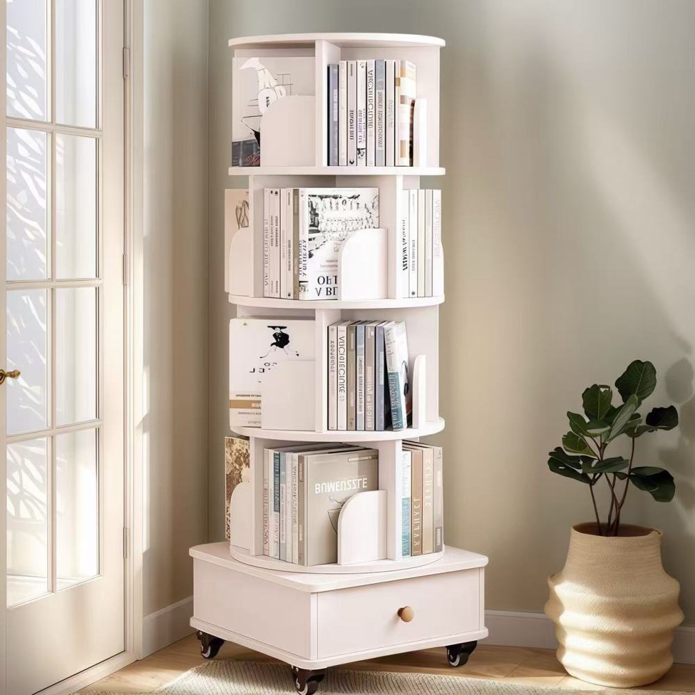 Rotating Bookshelf, 360 Degree Display 5 Tier Corner Bookshelf with Drawer for Small Space, Floor Standing Bookcase Storage Rack, Wood Narrow Book Shelf Organizer for Bedroom, Living Room (WHITE)