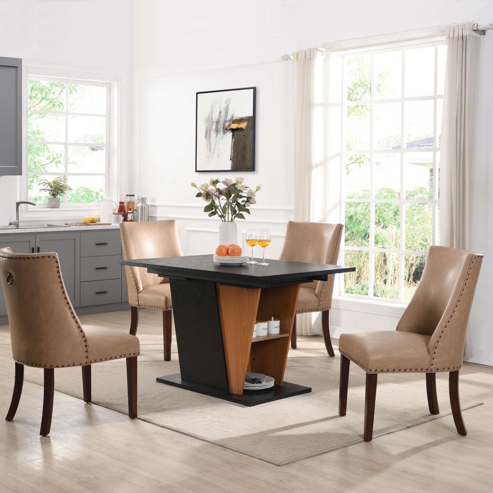 61.81 (46.46) inch Extendable Dining Table with Built-in Storage, Modern Wooden Table with Sturdy Metal Frame and MDF base, Adjustable Tabletop for Home Kitchen, Dining Room, and Office Spaces.