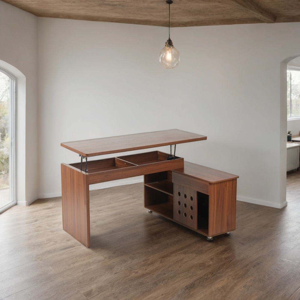 55.1''L, Home Office L-Shaped Versatile Desk Height Adjustable Extendable Desk with Storage Drawers and Cabinet, Walnut