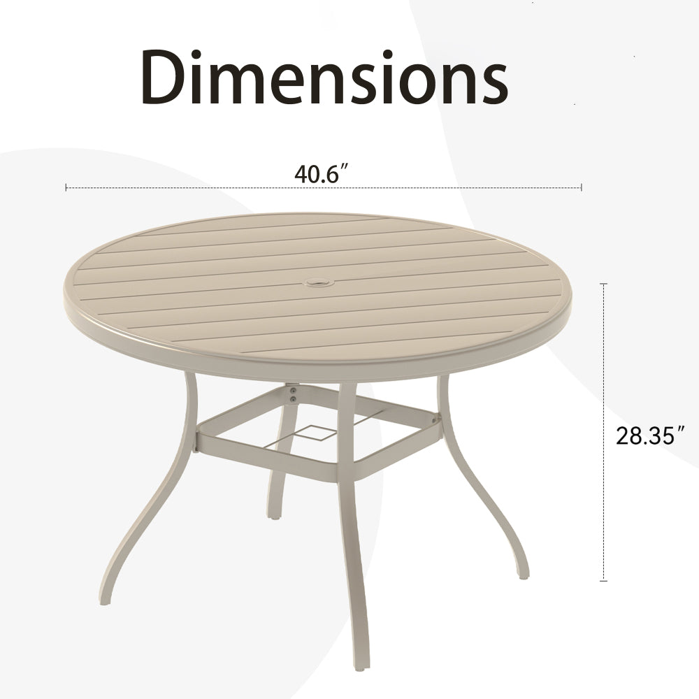 VRSHWO"Outdoor Round Patio Dining Table for 4-6, All Weather Metal Dining Table with Umbrella Hole for Deck Lawn Garden Backyard, Sandstone Color
