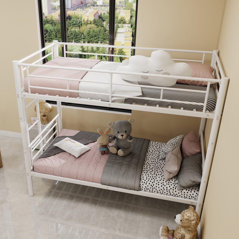 Metal Bunk Bed Twin Over Full Size with Removable Stairs, Heavy Duty Sturdy Frame with 12" Under-Bed Storage for Teen & Adults, Teens, No Box Spring Needed, White