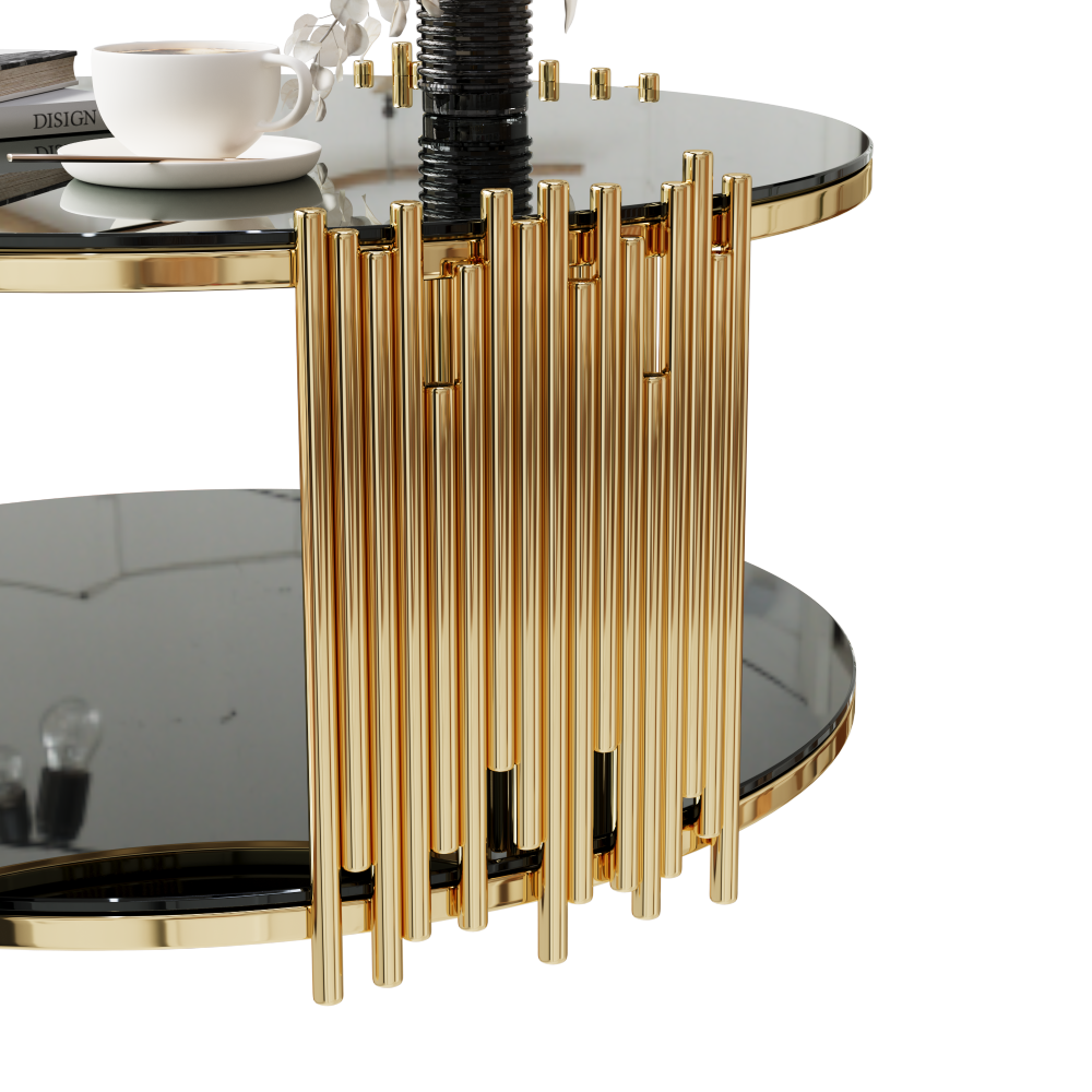 Modern minimalist light luxury style stainless steel circular coffee table, black tempered glass countertop, living room coffee table