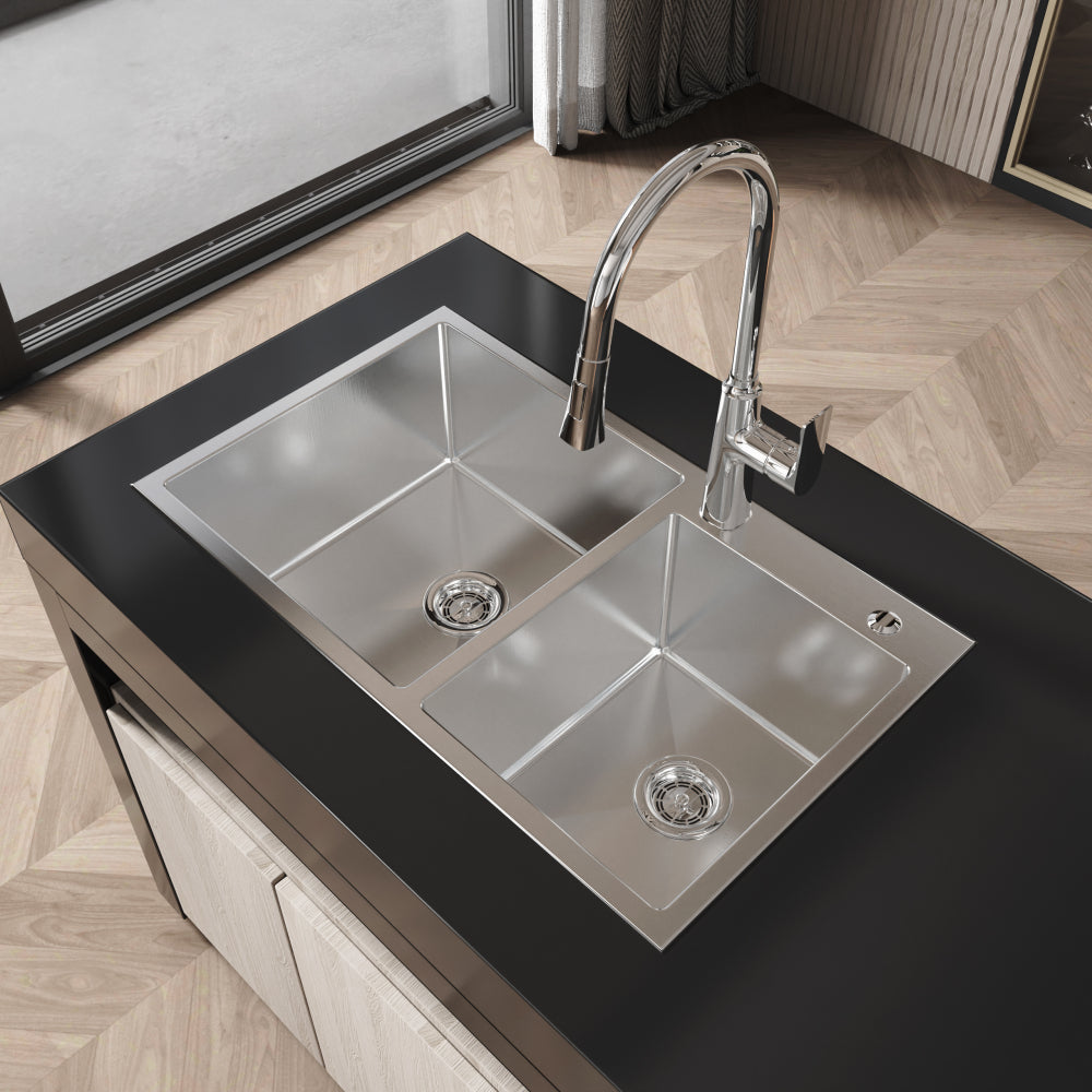 Stainless Steel Kitchen Sink, 32″x19″ Single Bowl, Overmount Handmade Sink in Brushed Nickel, with US Standard Drain and Hook, LS-SSBR02