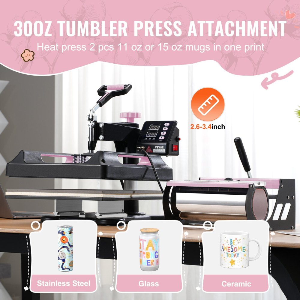 8 in 1 Heat Press Machine 15x15 in 30oz Tumbler Press T-Shirts Black