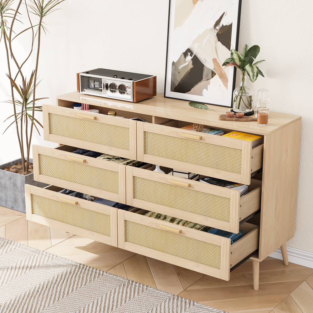 Rattan 6 Drawers Chest of Dressers for Bedroom, Modern 6 Drawer Dresser, Wide Chest of Drawers with wood Handles, Rattan Dresser Storage Cabinet for Living Room, Bedroom, Hallway