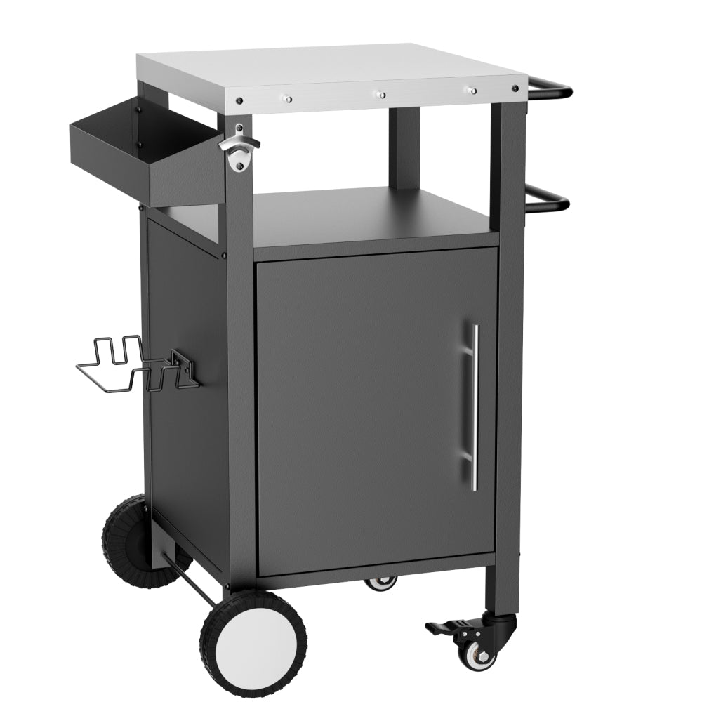 Outdoor Grill Cart with Patio Furniture, Outdoor Grill Table with Storage,Rolling Bar Cart Outdoor BBQ Cart with Hooks and Spice Rack for Grilling Accessories, Black