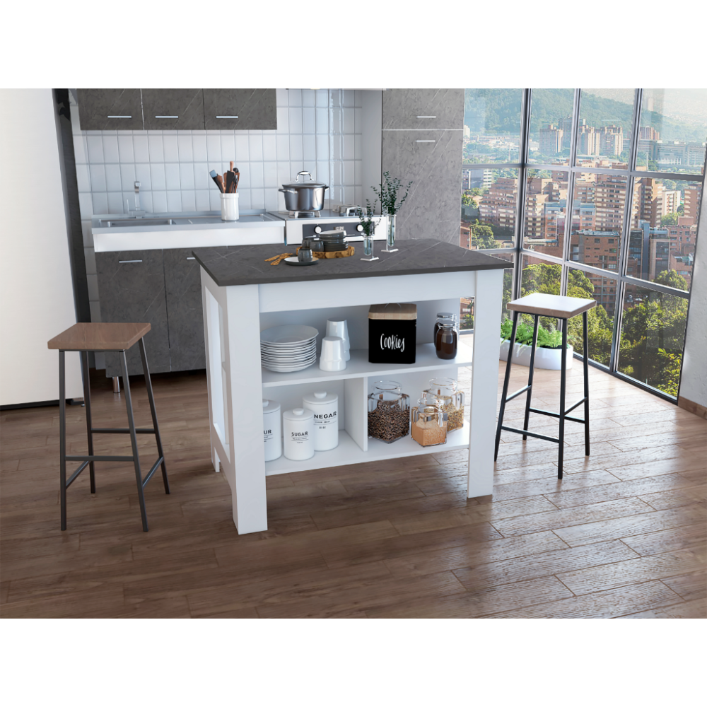 Kitchen Island, kitchen table 35" H, Four Legs, Three Open Storage Shelves, Black / Light Oak