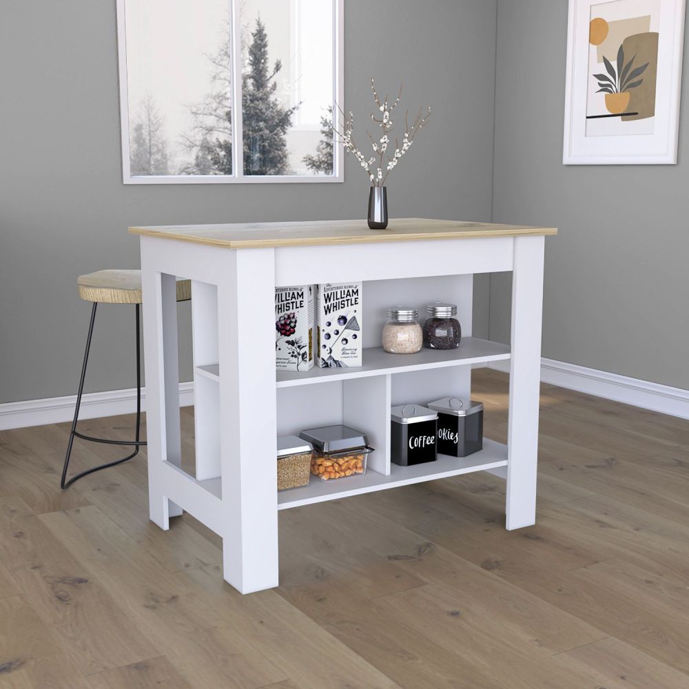 Kitchen Island, kitchen table 35" H, Four Legs, Three Open Storage Shelves, Black / Light Oak