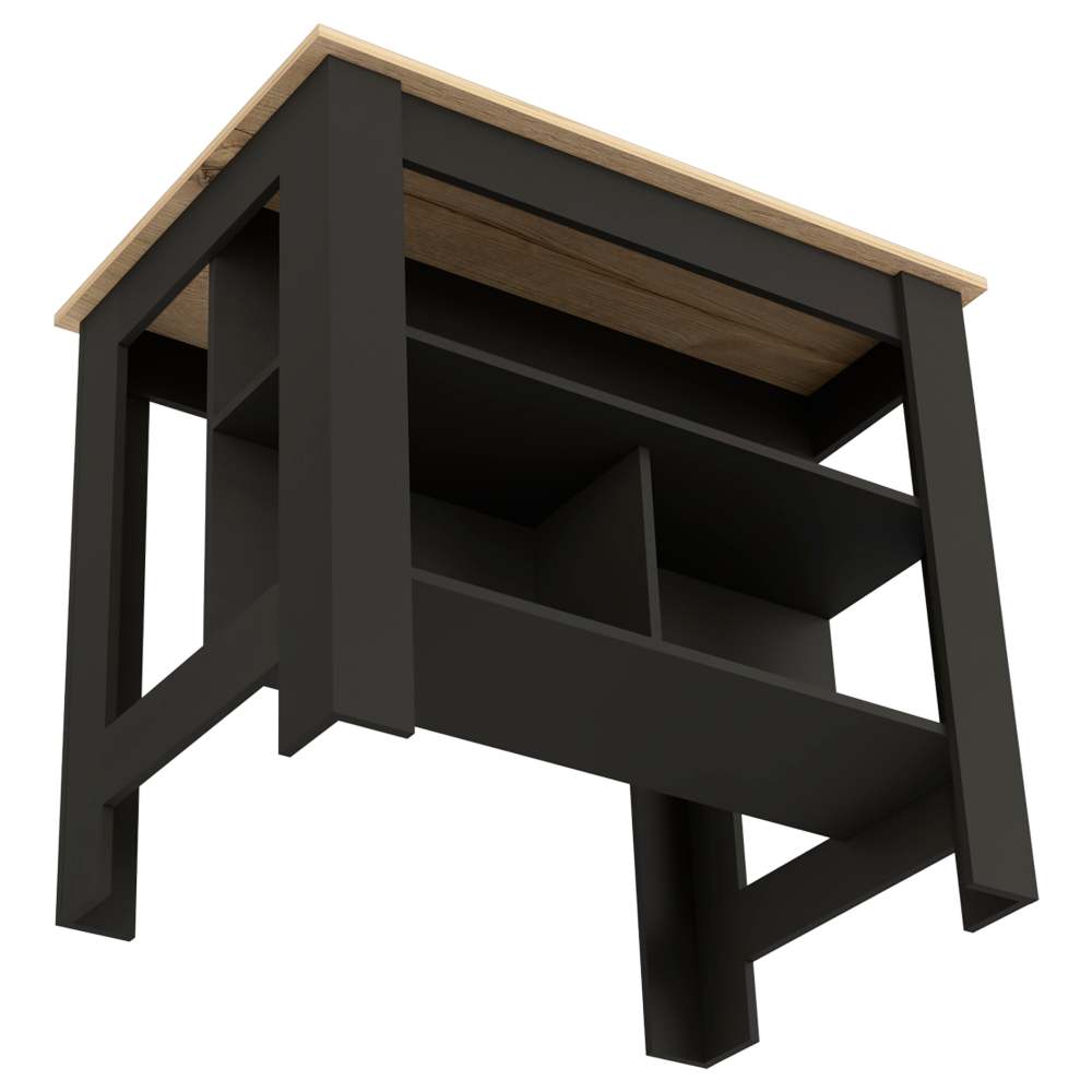 Kitchen Island, kitchen table 35" H, Four Legs, Three Open Storage Shelves, Black / Light Oak