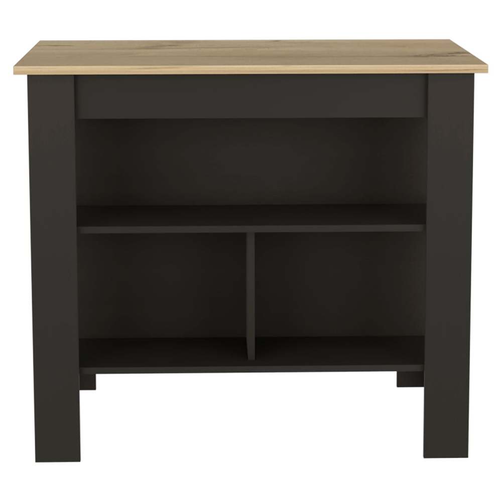 Kitchen Island, kitchen table 35" H, Four Legs, Three Open Storage Shelves, Black / Light Oak