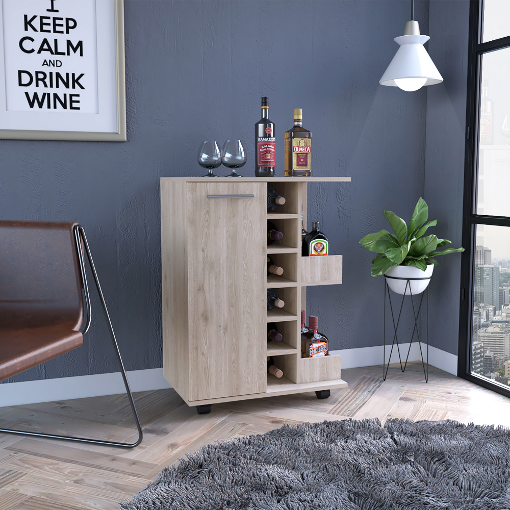Bar Cart, Four Casters, Single Door Cabinet, Two External Shelves, Dark Walnut