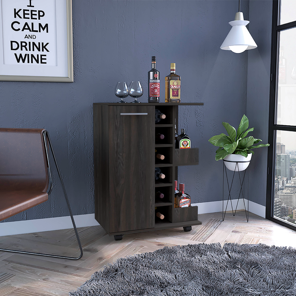 Bar Cart, Four Casters, Single Door Cabinet, Two External Shelves, Dark Walnut
