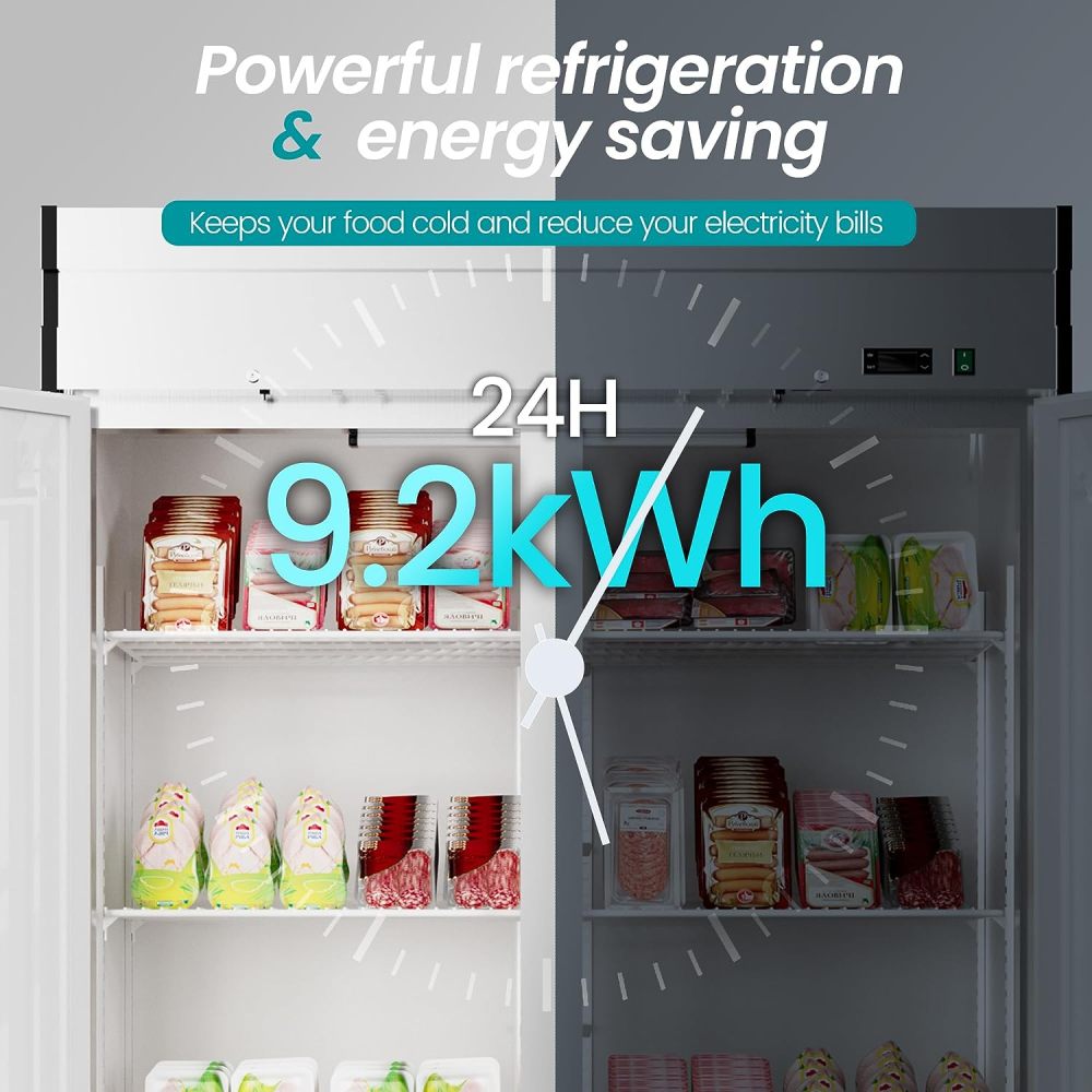 2 Door 49 Cu.Ft Commercial Refrigerator Dynamic Cooling OmniSmart Temperature Control 33℉~41℉ Stainless Steel Reach In 6 Shelves 54" W Commercial Refrigerator LED Light Digital Thermostat