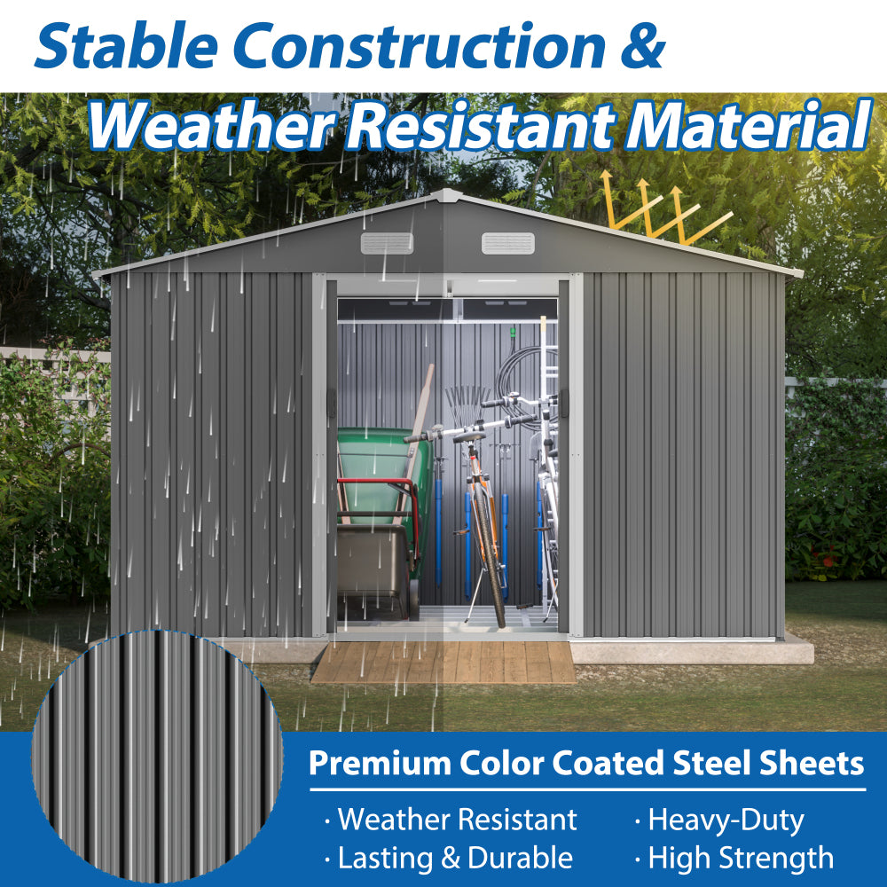 10X8 FT Outdoor Tool Storage Shed with Metal Foundation & Lockable Doors, All Weather Metal Sheds for Garden, Patio, Backyard, Lawn, Gray