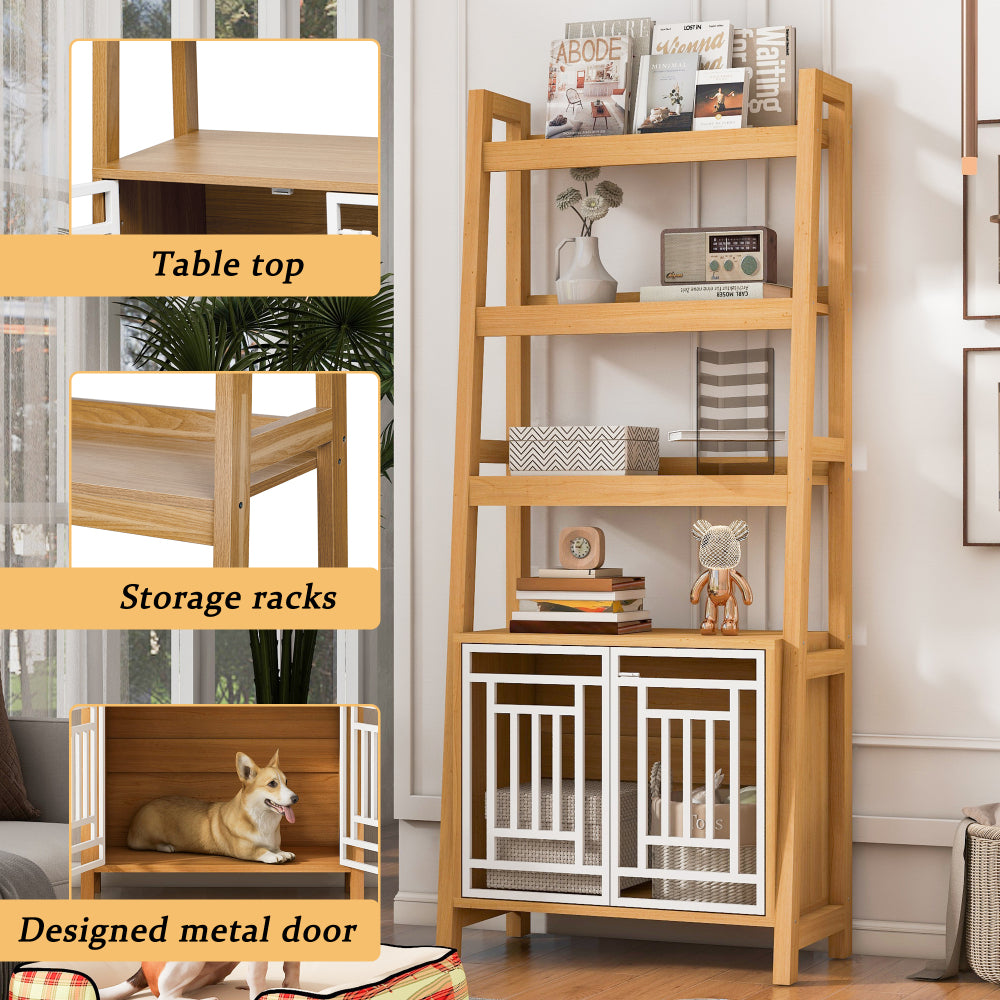 Modern 2 IN 1 Dog Furniture Dog Crate Ladder Bookshelf, Tall Wood Display Shelf with Storage, Dog Kennel Bookcase
