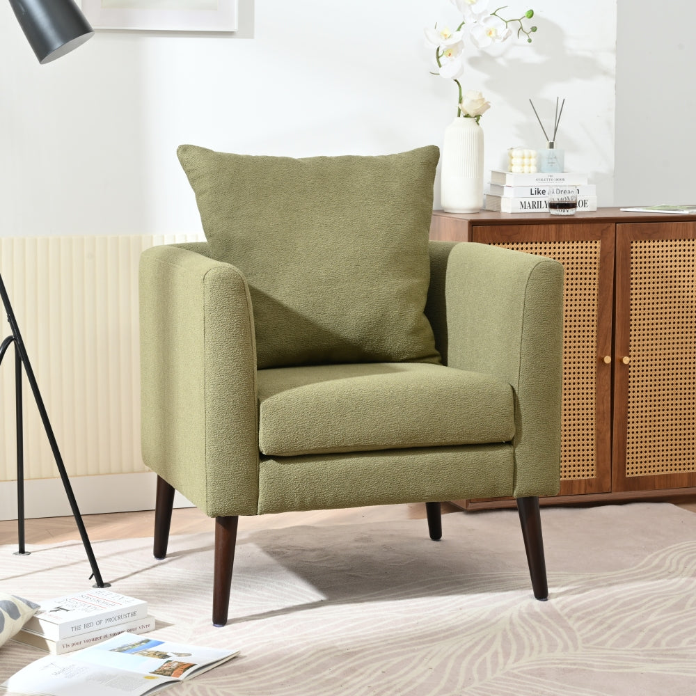 Modern Fabric Accent Chair, Upholstered Armchair for Living Room ,Mid Century Fabric Lounge Chair w/ Pillow, Comfortable Reading Chair with Wood Legs for Living Room, Bedroom,Reception Room (Olive)