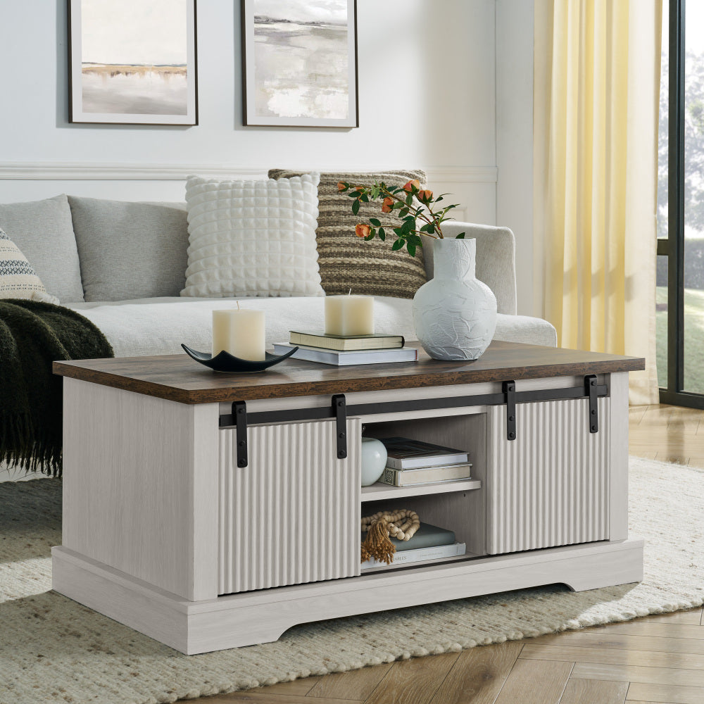 41.3 Inch Coffee Table with Storage and Sliding Wood Door, Farmhouse and Industrial Cocktail Table with Adjustable Shelves, Rectangular Rustic Living Room Table for Living Room Meeting Room
