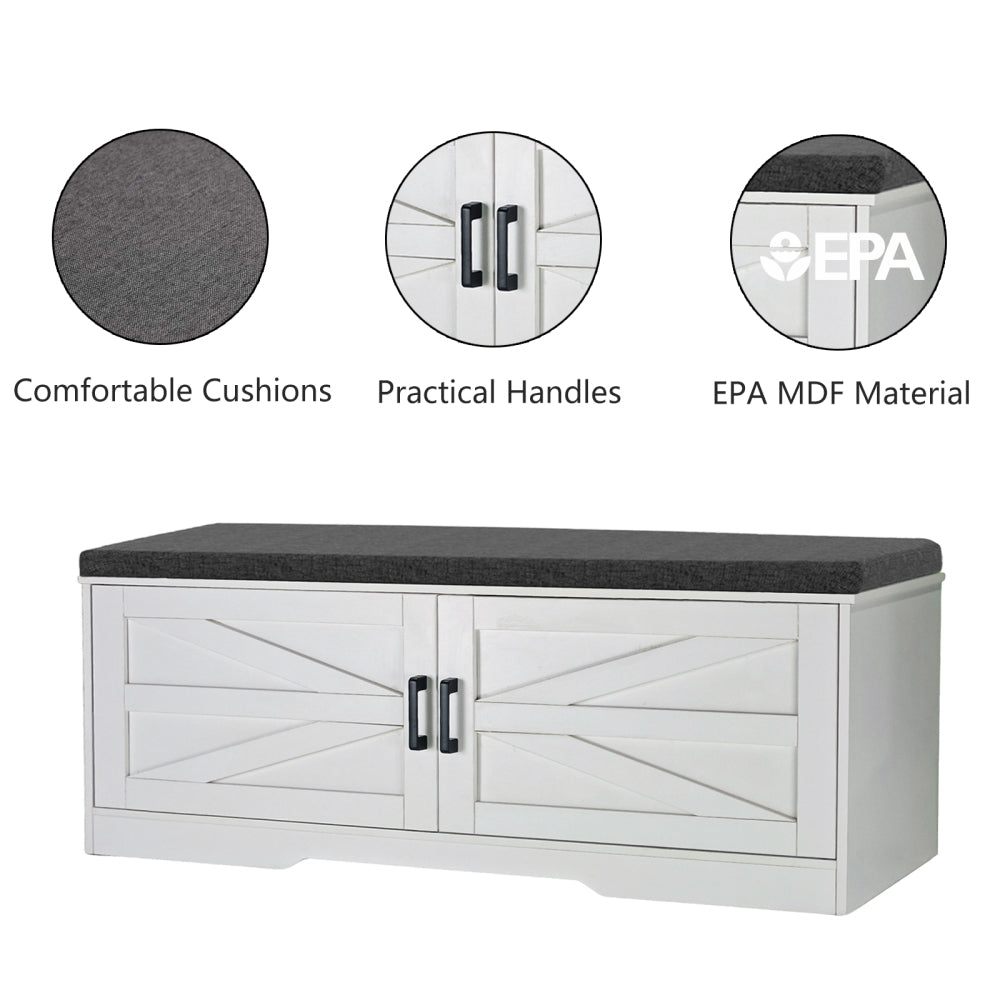 2-Tier Storage Bench, Farmhouse Shoe Bench with Padded Seat Cushion, Entryway Bench with 2 Barn Doors & 2 Adjustable Shelves, 13.75" D x 39.4" W x 17.72" H, for Entryway, Bedroom, Living Room, White