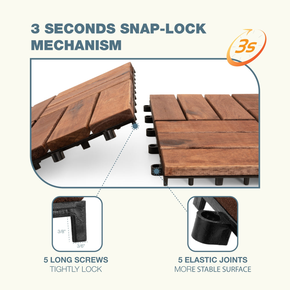 27pcs Interlocking Deck Tiles 11.8" x 11.8", Patio Flooring Outdoor Waterproof, Acacia Wood Tiles All Weather, Floor Tiles for Balcony, Backyard, Indoor and Outdoor use (Square Joint, Dark Brown)