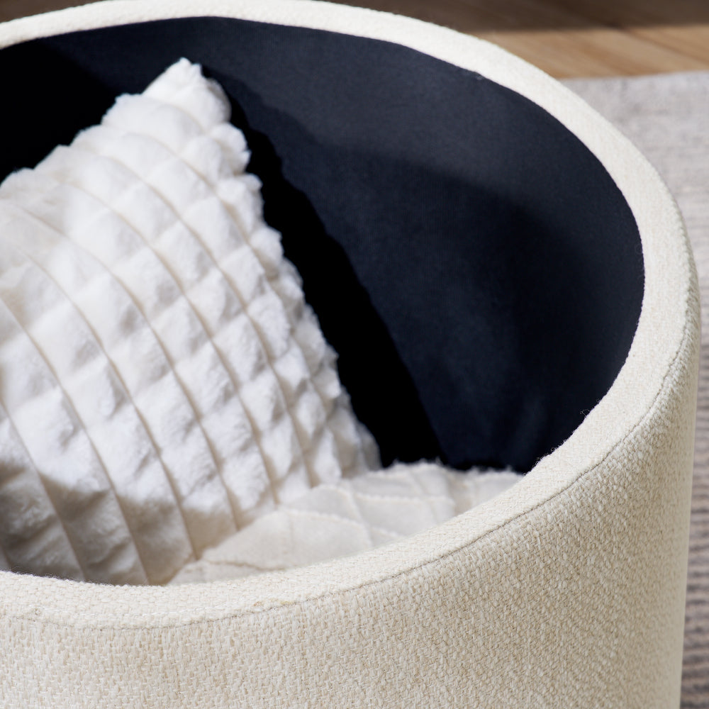 2-Piece Set Round Chenille Storage Ottoman, Equipped with a Drum Shaped Small Stool, Storage Space, and MDF Made Desktop Panel (Beige 23.62"x23.62"x16.53")