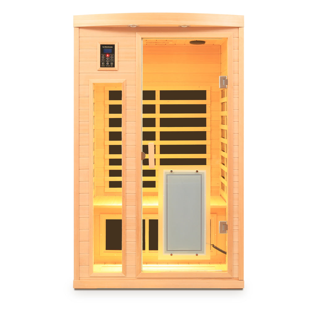Low EMF Front door with heating panel Two Person Hemlock Far Infrared Indoor Suana Room
