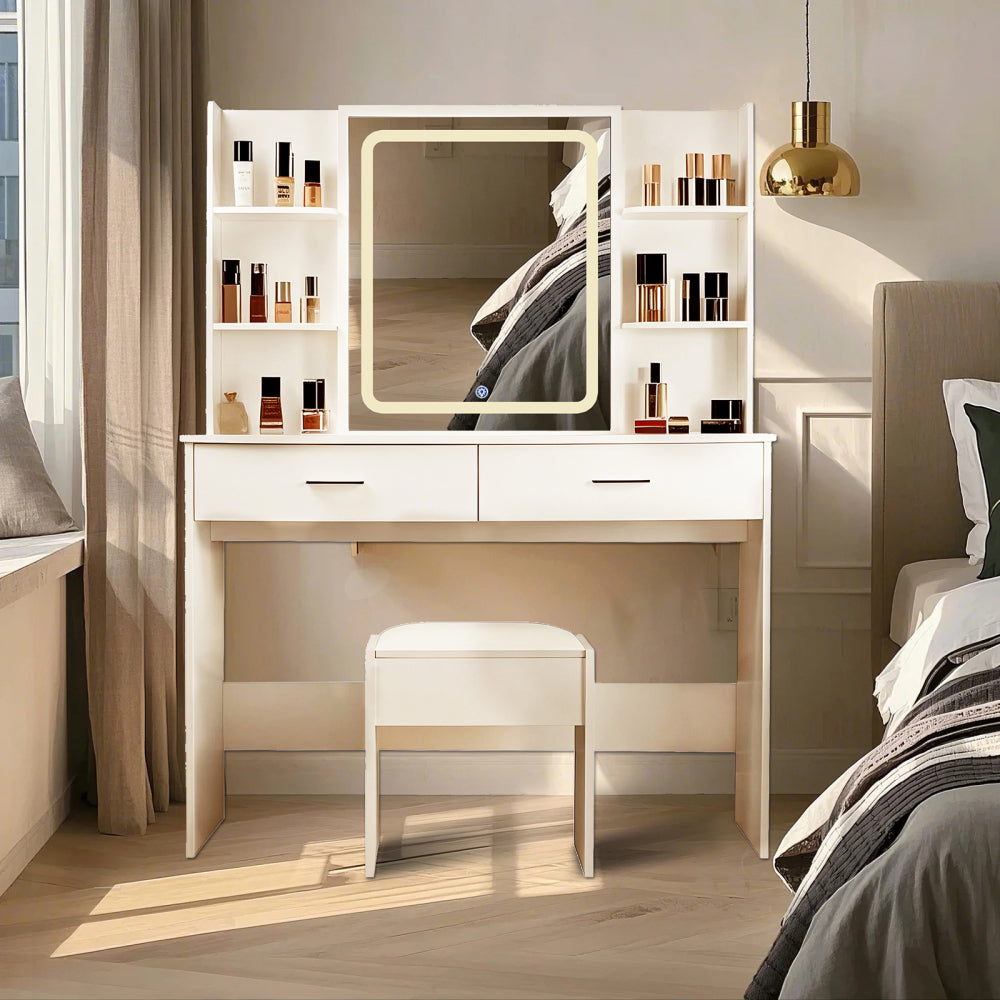 Vanity Desk with Mirror and Lights, Makeup Vanity with 2 Drawers and 6 Storage Shelves, 3 Lighting Modes Adjustable Brightness, Dressing Table with Power Outlet & Cushioned Stool for Bedroom, White