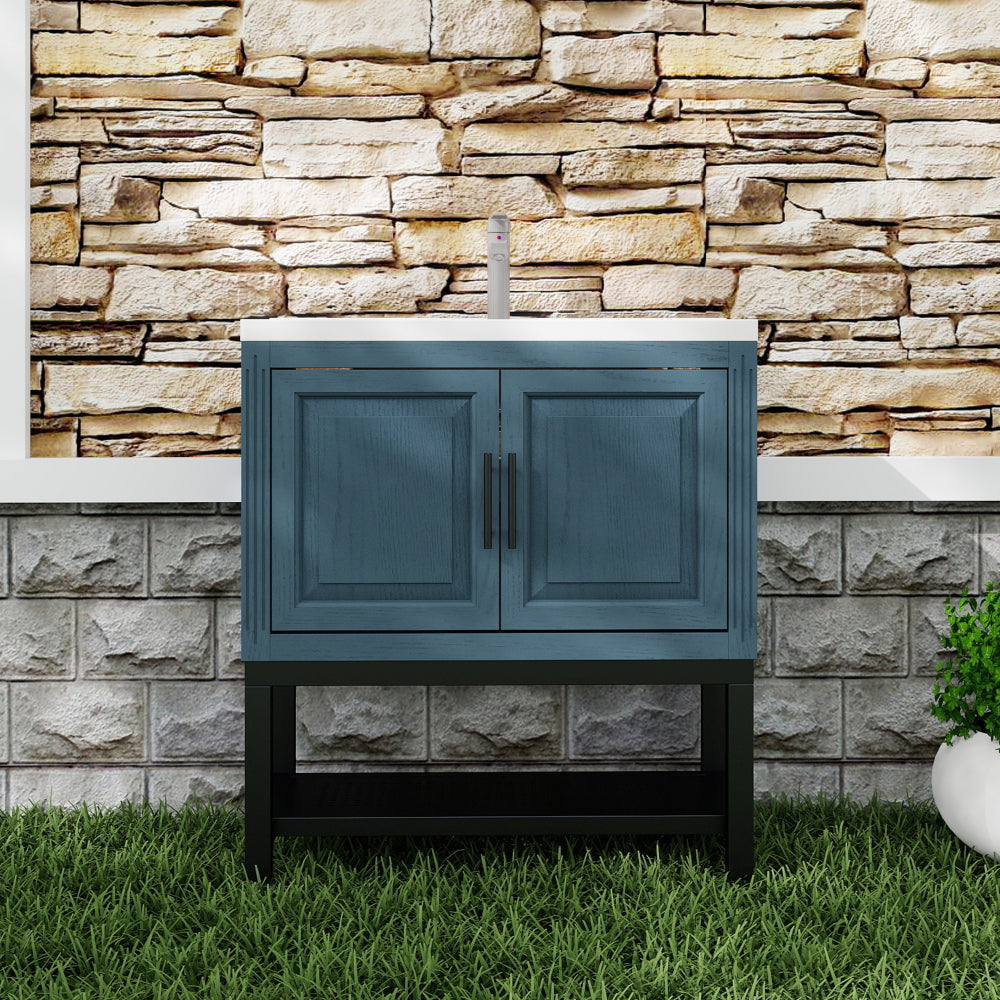 24" Bathroom Vanity with White Ceramic Sink & Hot and Cold Faucet , Freestanding Bathroom Cabinet with 2 Storage Doors and Open iron Shelf for Bathroom