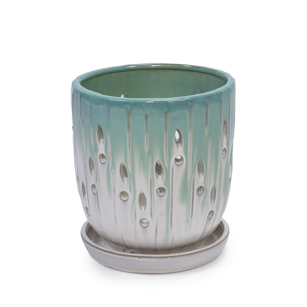 Set of 2 Ceramic Flowerpot with Drainage Hole, 8" Modern Planter for Patio, Garden, Windowsill - White Green