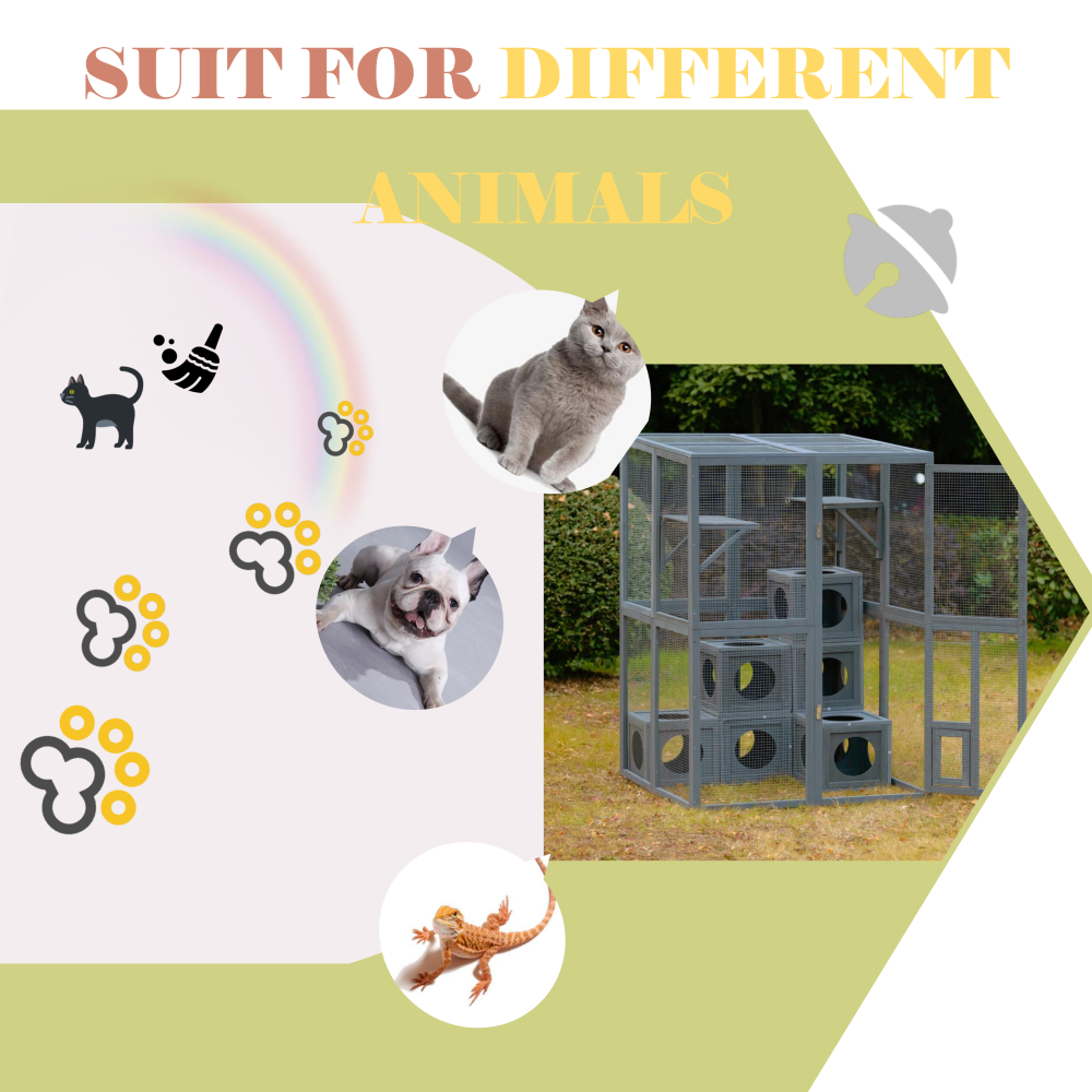 Catio Outdoor Cat Enclosure with Double Enter Doors, Grey Climbing shelves, Weatherproof Pine Wood Playground with 7 Freely Combination Wood Boxes