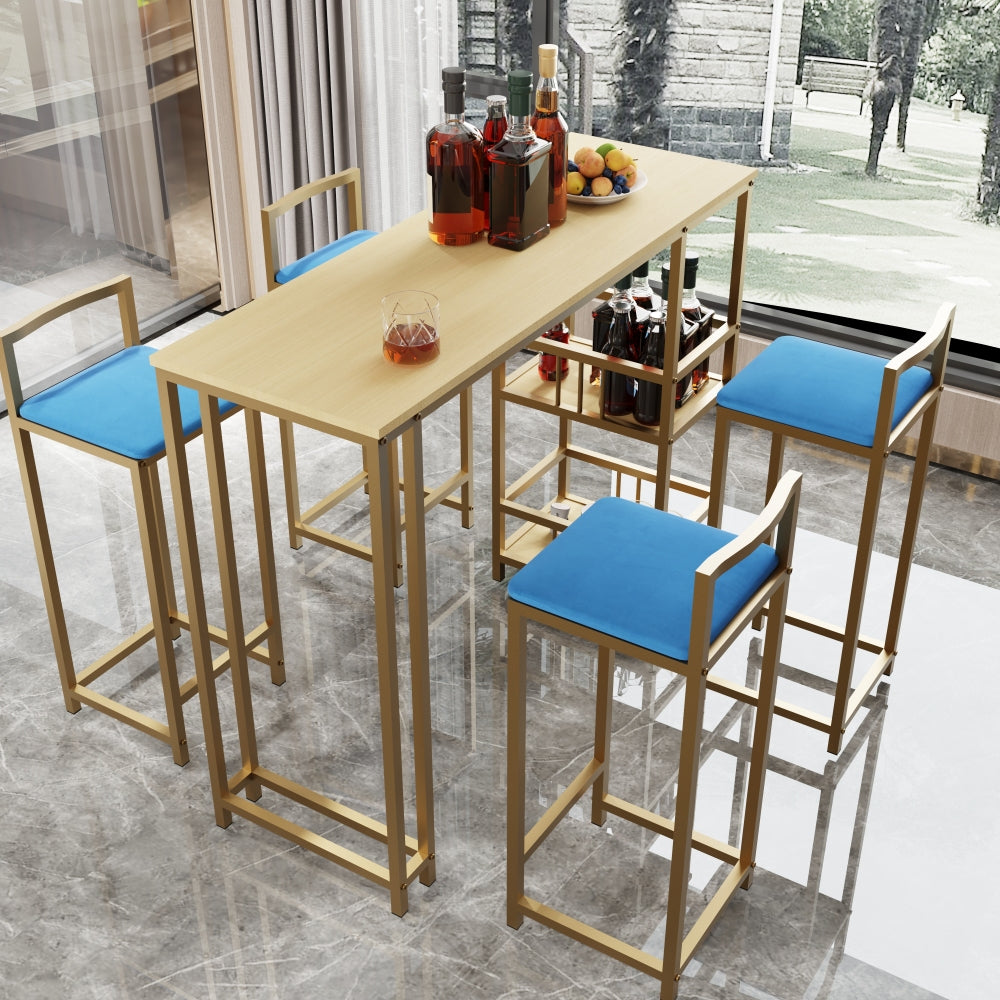 Bar table and chairs three piece set, gold frame, sponge made seat cushions and backrests, bar table with storage function (gold+brown tabletop+blue cushion)