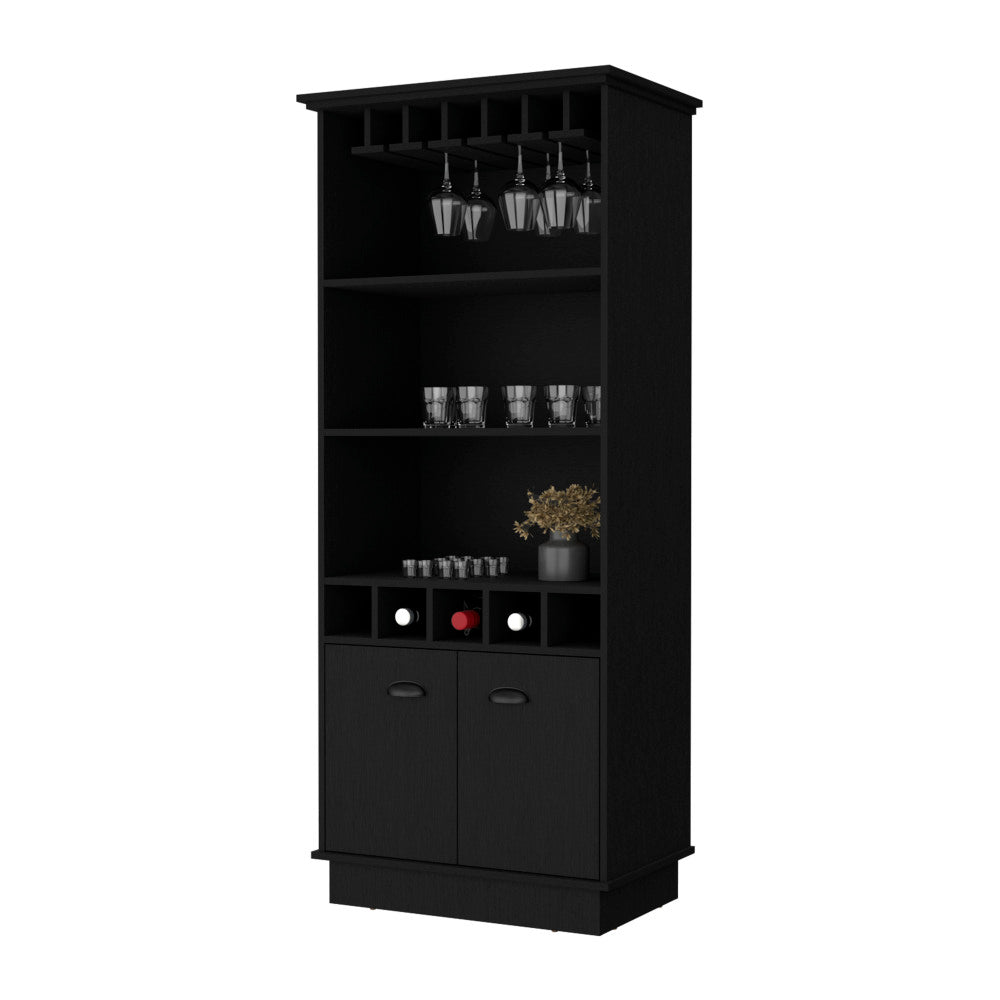 FM FURNITURE Sophia Bar Cabinet with Glassware Rack and Five Bottle Racks, Black