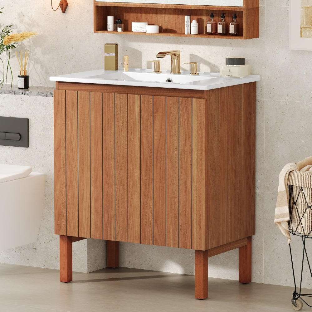 30" Modern Bathroom Vanity with Ceramic Sink, Bathroom Vanity Cabinet with Tempered Blurred Glass and Matte Black Handles, Equipped with Large Storage Space and Rubber Wood Frame, White