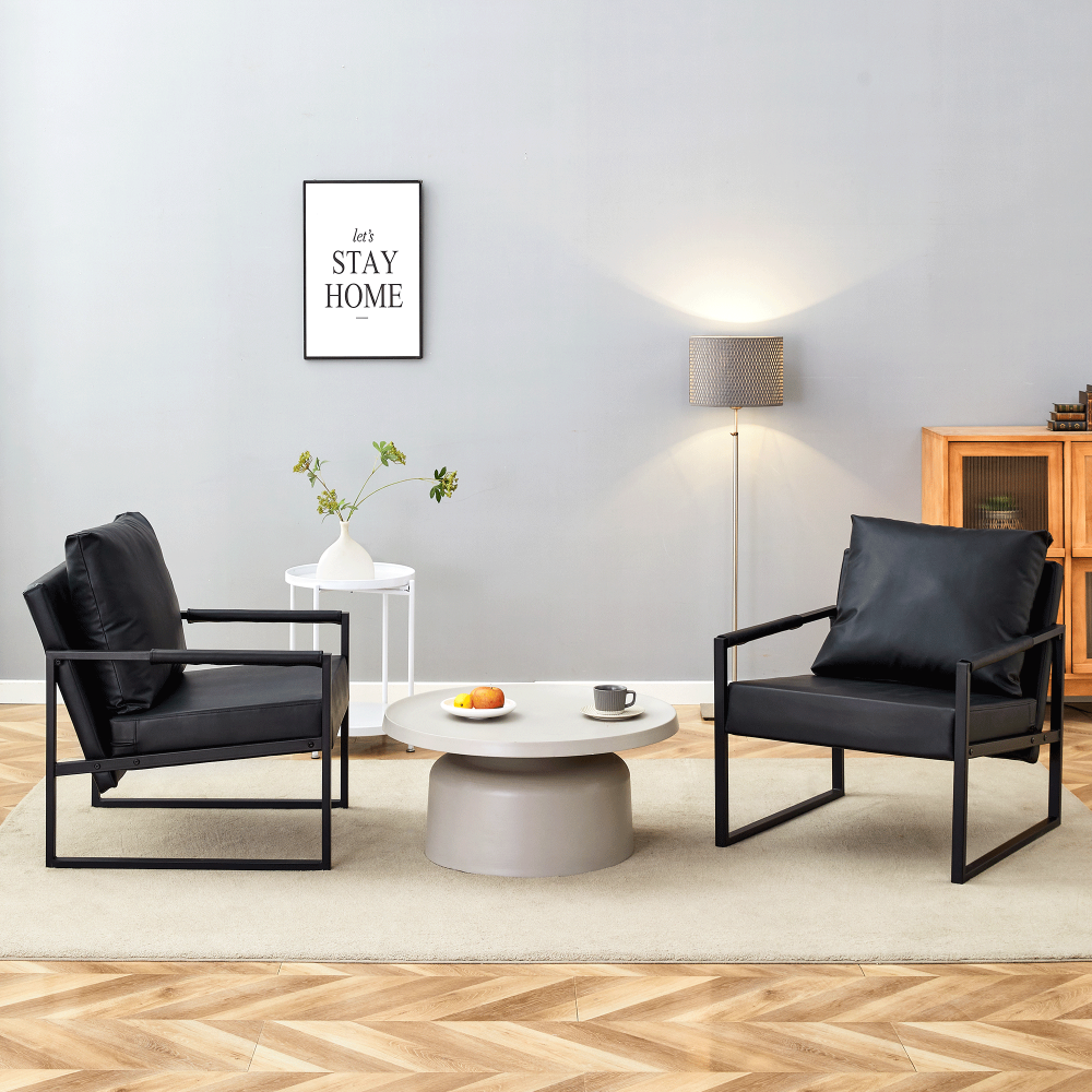 Set of 1 Classic Black PU Leather and Metal Frame Sofa -Ergonomically designed, a perfect blend of modern and industrial styles, with product dimensions of 27*29.7*29.6 inches.