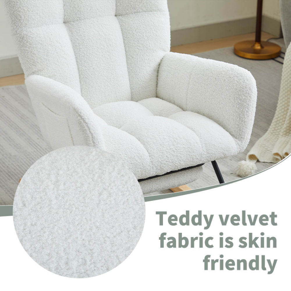 Modern Nursery Rocking Chair, Upholstered Glider Chair with High Backrest, Rocker Accent Armchair with Solid Wood Legs for Nursery Bedroom Living Room WHITE