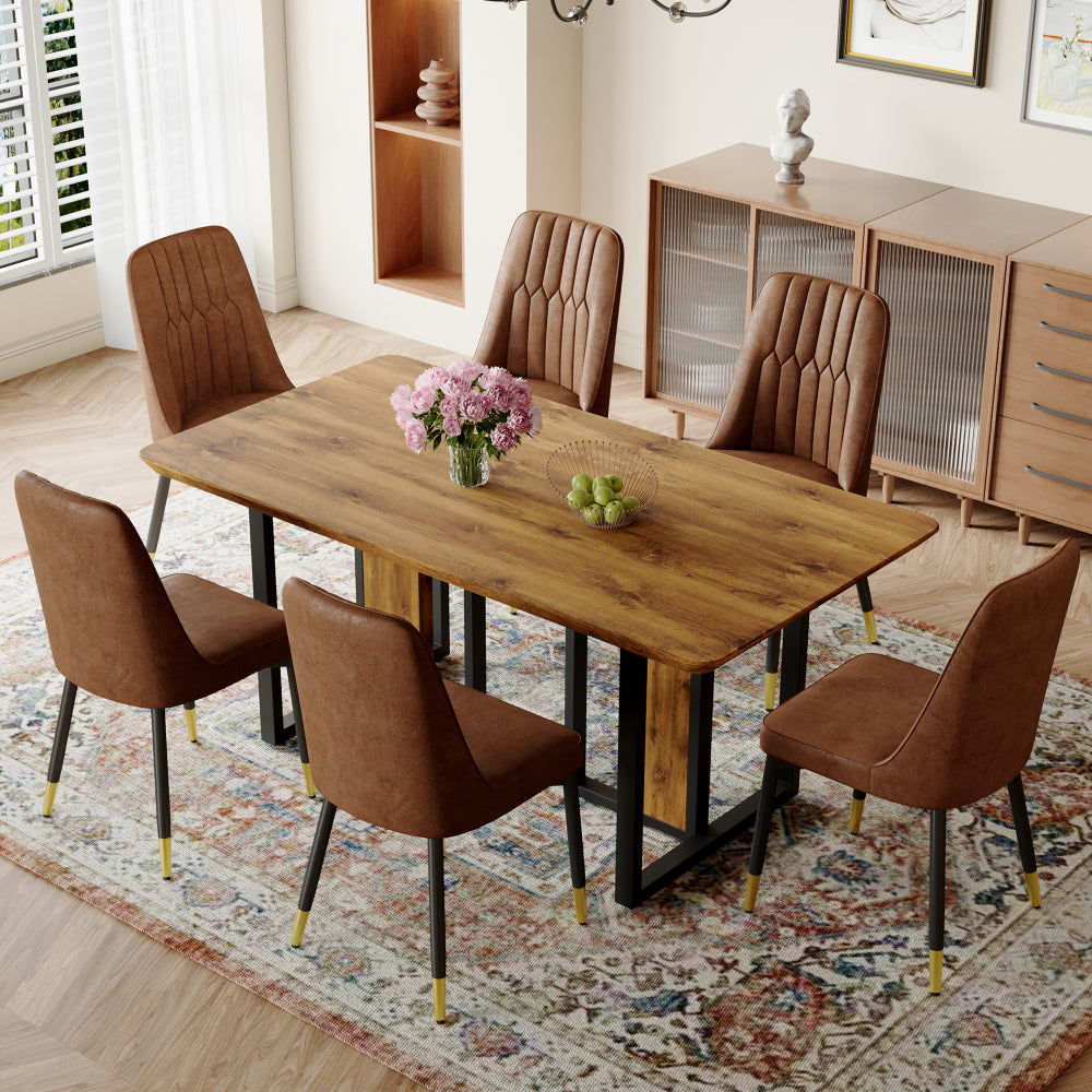 Table and chair set.67"x36" Wood-Textured MDF Dining Table Set with 4 Brown Fabric Chairs.MDF sticker,Wood colored texture sticker,Black C-tube dining chair legs,Suitable for kitchen,Dining room,etc.