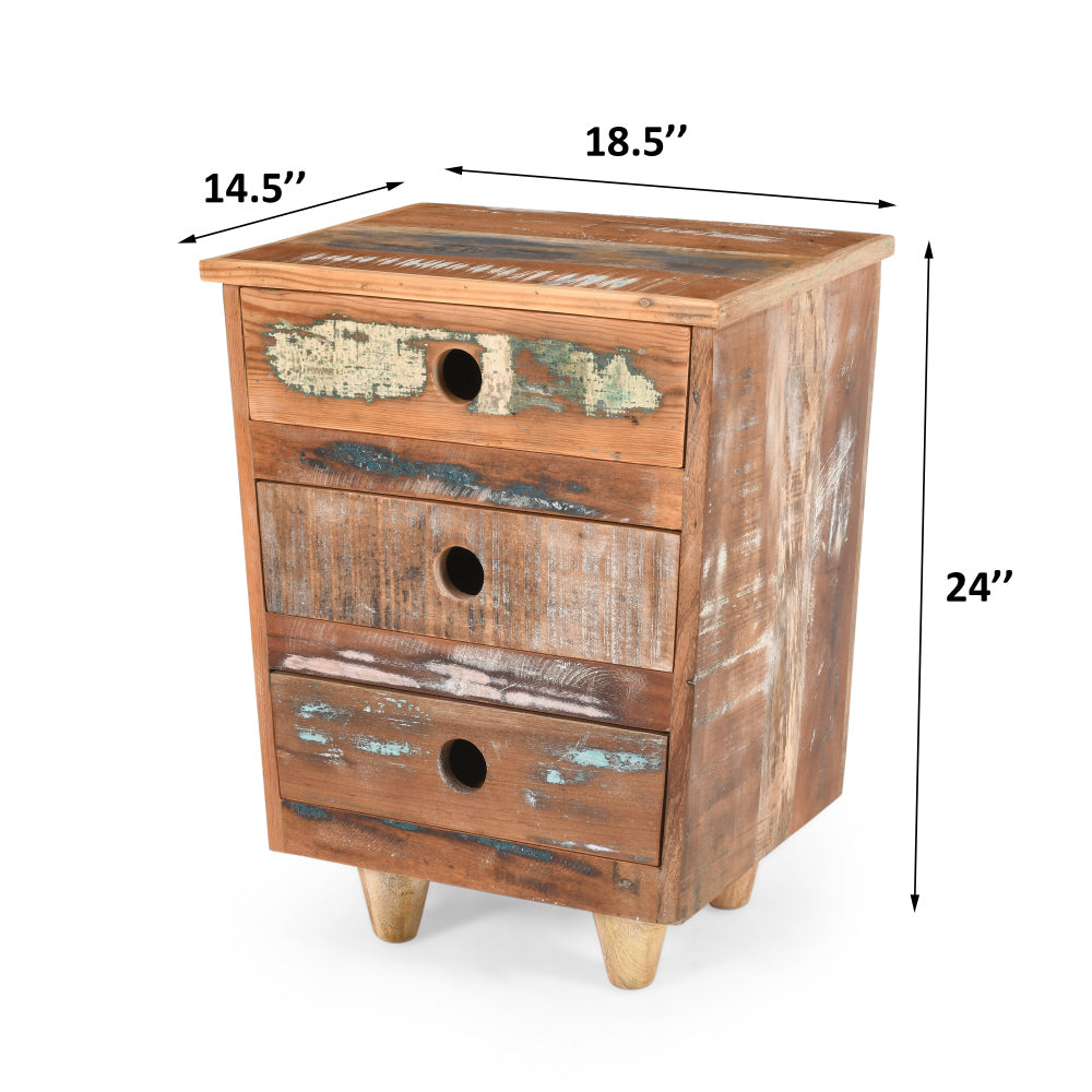 End Table Recycled Wood Nightstand, Side Table with 3 Drawers, Vintage Natural Bedside Table for Bedroom Living Room