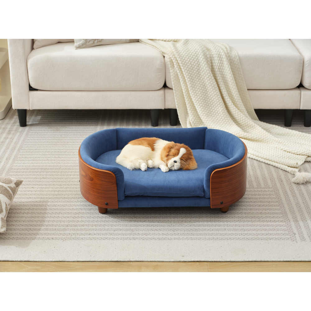 Scandinavian style Elevated Dog Bed Pet Sofa With Solid Wood legs and Bent Wood Back, Velvet Cushion,Small Size