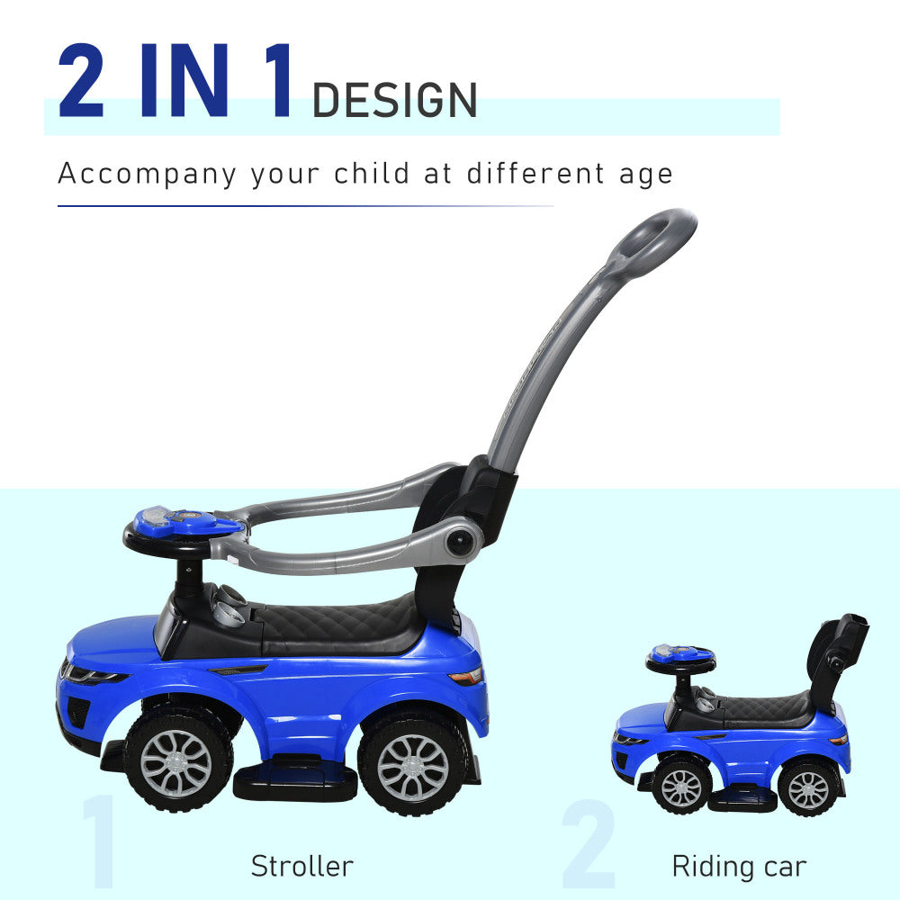 Aosom 2 In 1 Push Cars for Toddlers Kid Ride on Push Car Stroller Sliding Car with Horn Music Light Function Secure Bar Ride on Toy for Boy Girl 1-3 Years Old Blue
