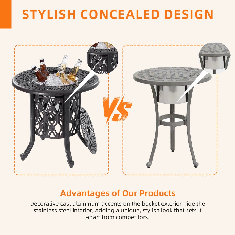 21" Side Table With Removable Ice Bucket- Rustproof Cast Aluminum Frame, Hand-Brushed Finish, Food-Grade 304 Stainless Steel Bucket - Perfect for Indoor & Outdoor, Patio, Balcony, and Poolside