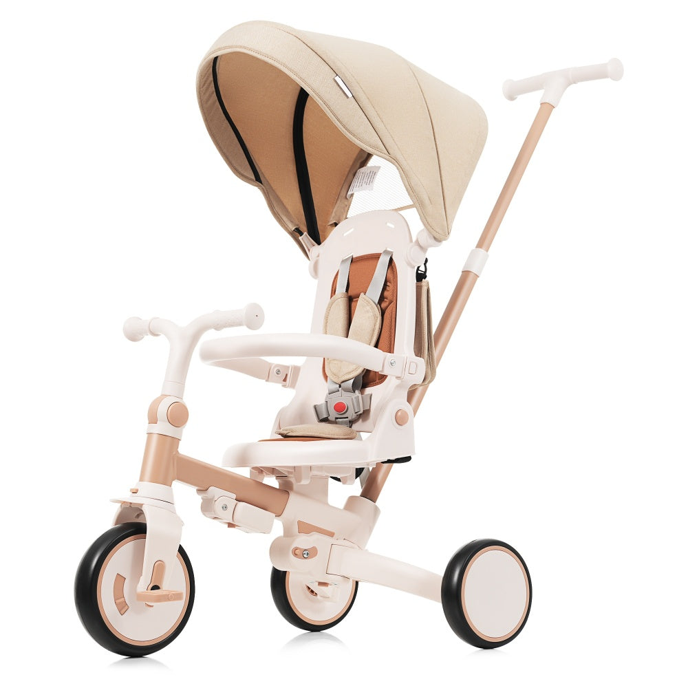 7 in 1 Baby Tricycle, Foldable Toddler Tricycle with Removable and Adjustable Parent Handle, Toddler Push Bike with Removable Pedal, Canopy, and Guardrail, Tricycle for 12-72 Months, ivory and brown